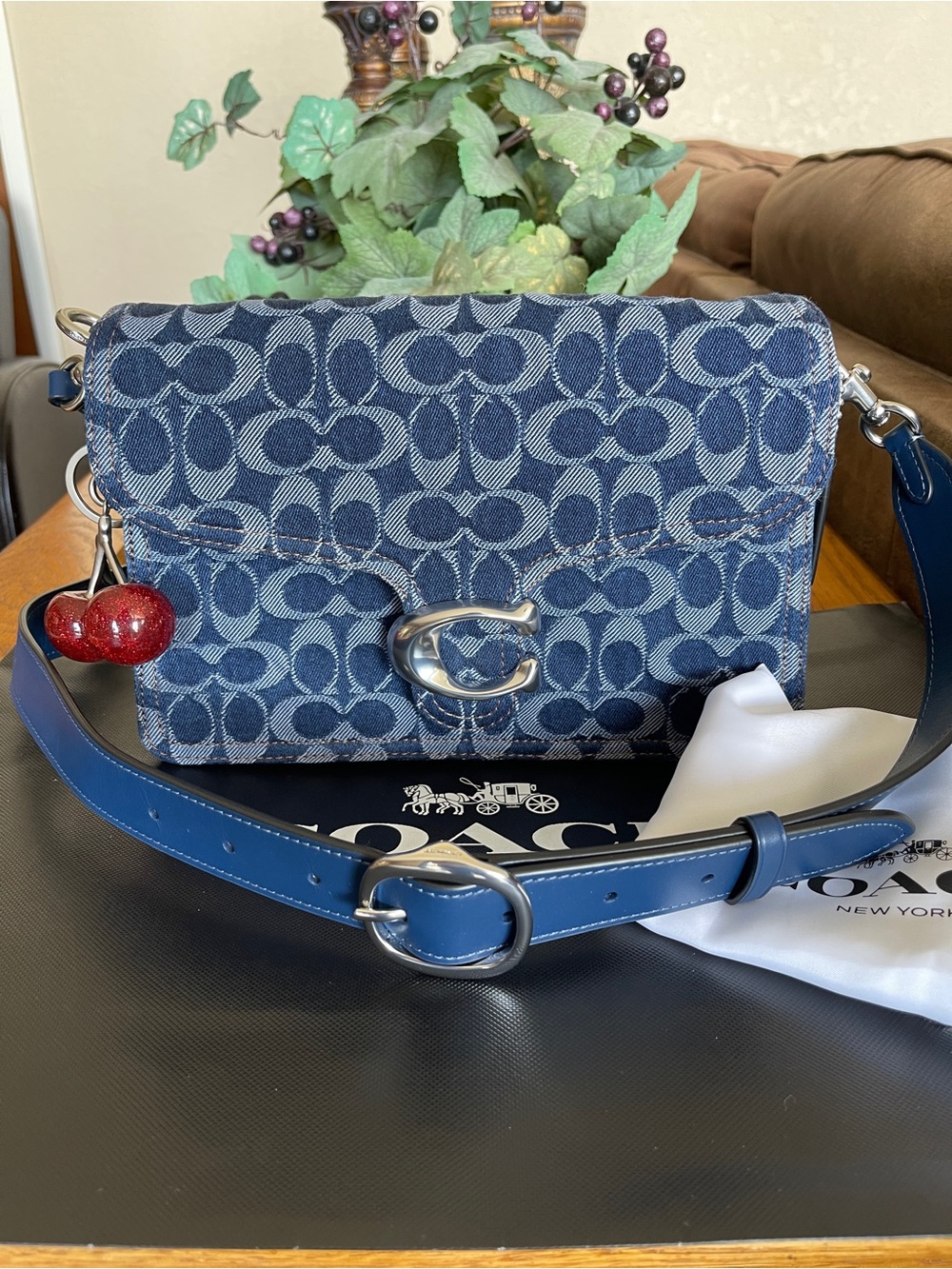 Coach Tabby in Signature Denim Shoulder Bag with Cherry Charm